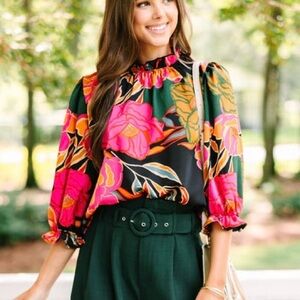JODIFL Silky Dressy Casual Bold Floral Long Sleeve Balloon Ruffled Blouse Top